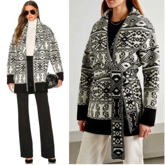 Veronica Beard Sweaters - Veronica Beard Carrington Jacket Knit Coat Belted Wool Aztec Black White Size XL